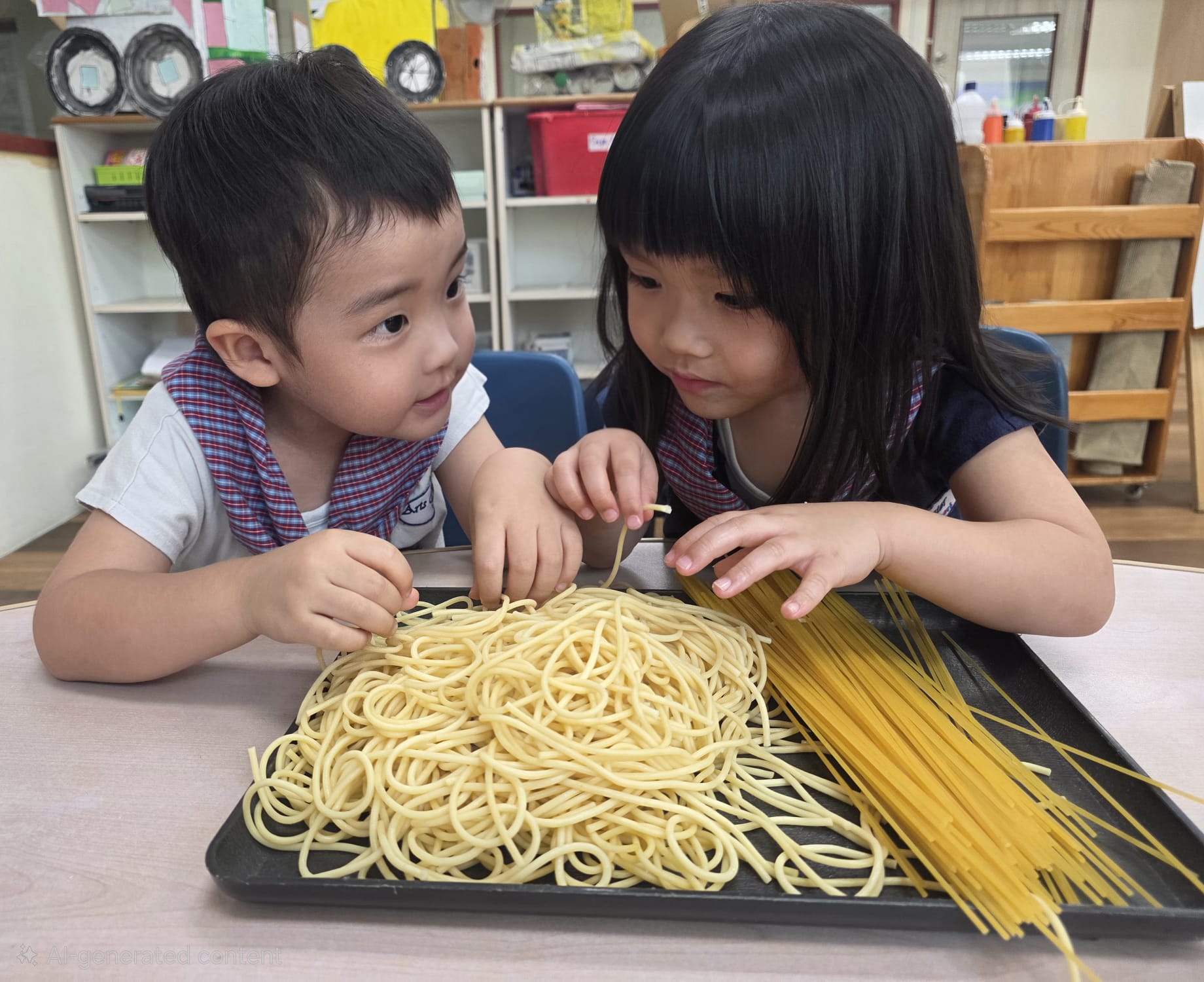 Two children exploring spaghetti during sensory play